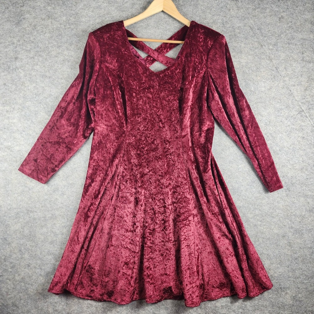 VTG Adrian Jordan Velvet Skater Dress Womens 14 Burgundy Criss Cross Back V-Neck
